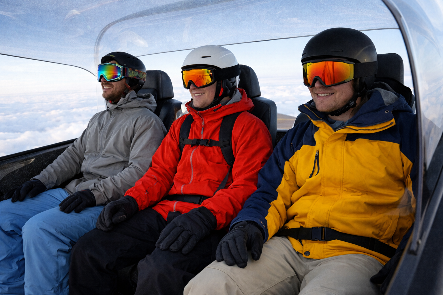 Three passengers in ski gear seated inside the Air Traverse cabin above the clouds
